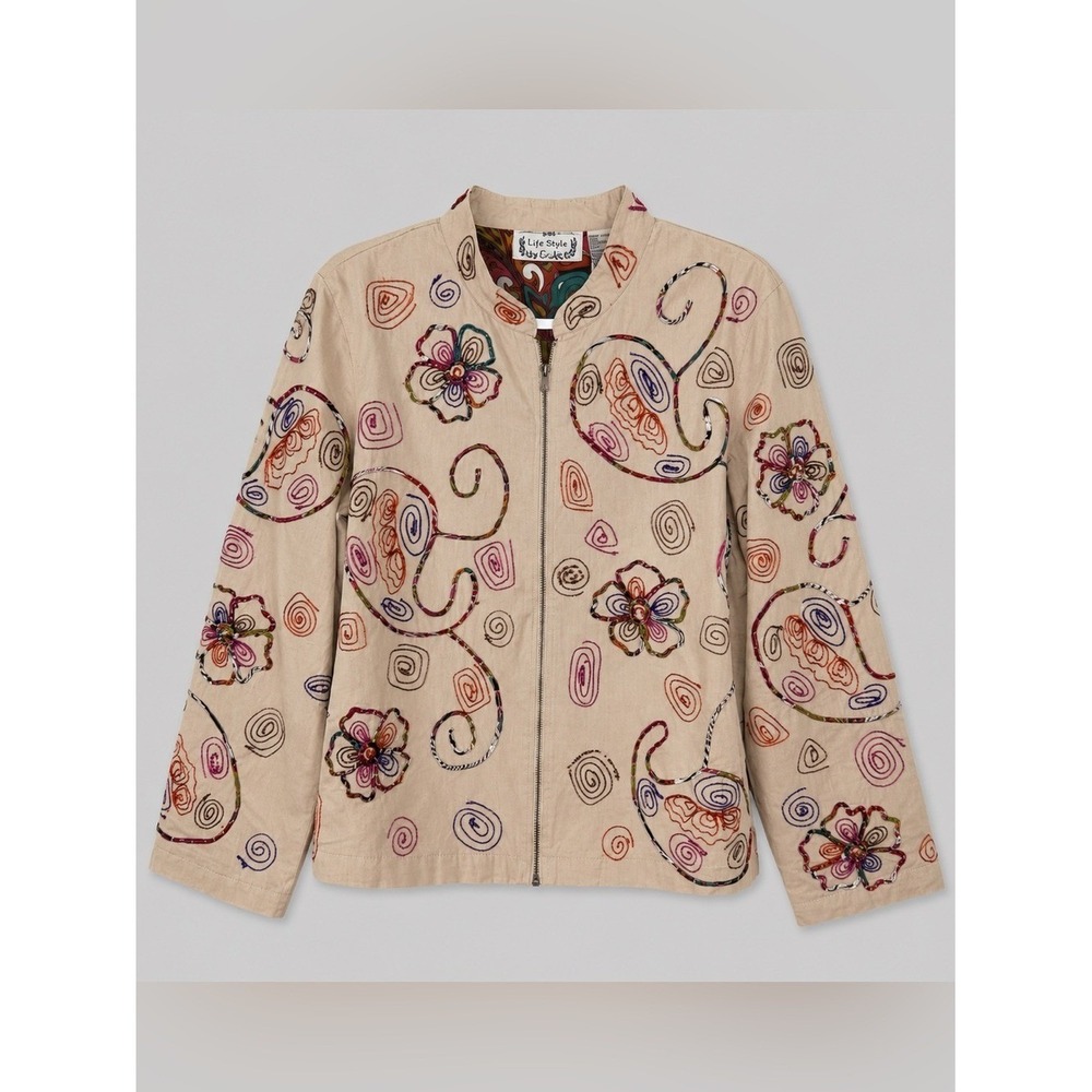Vintage 90s Embroidered Jacket XL Bohemian Whimsical Art Teacher Full Zip